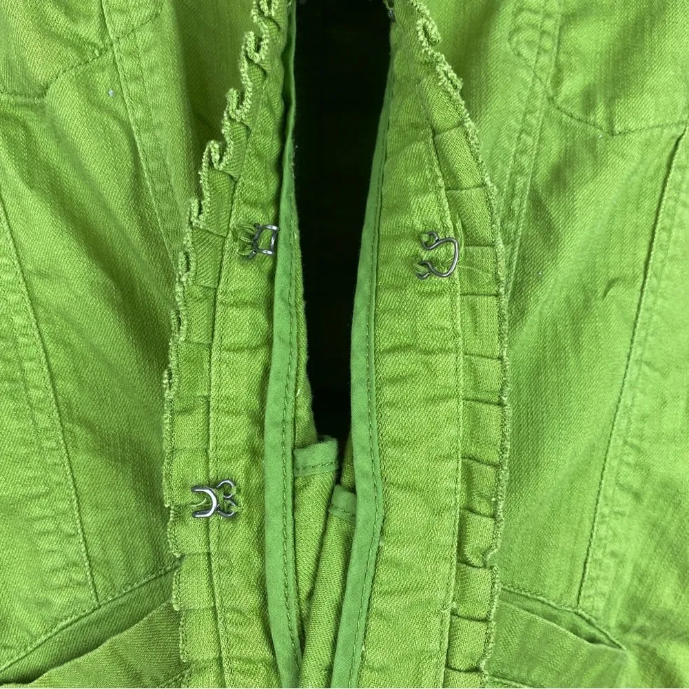 Chico’s Platinum Green Denim Jacket Ruffle Trim Silver Hardware Size 2 - Image 6