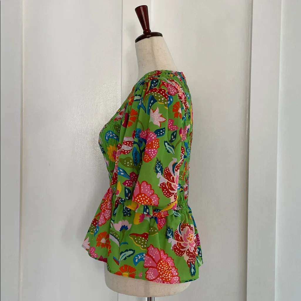 CROSBY by Mollie Burch Sloan Top Botanical Garden Green Floral Peplum Size S - Image 2