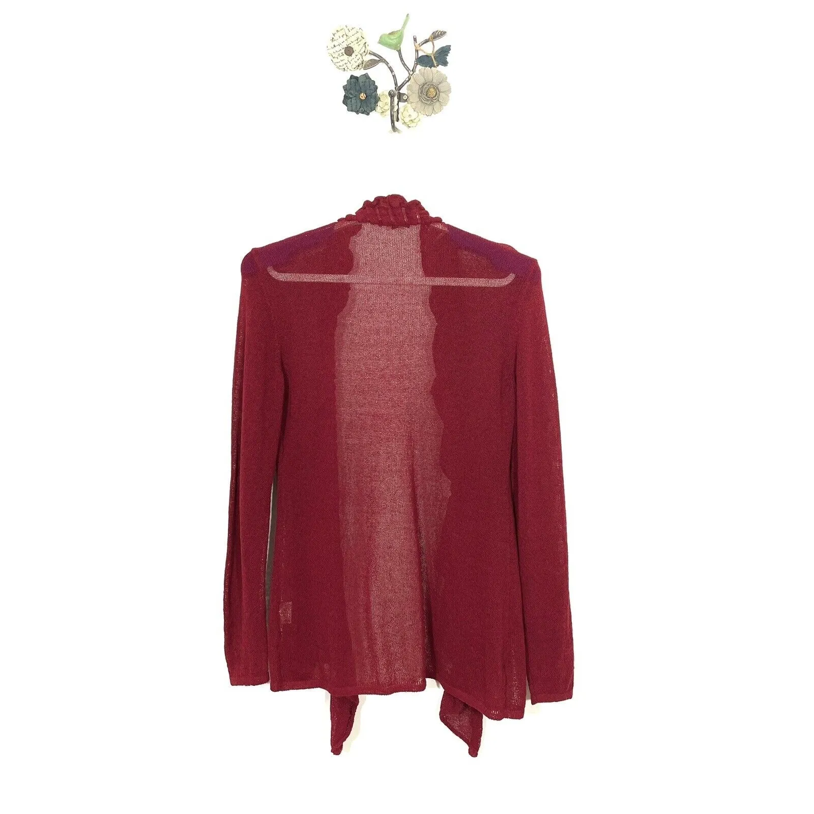 Eileen Fisher Loose Knit Open Ruffle Front Cardigan Wine Red Linen Blend Medium - Image 7