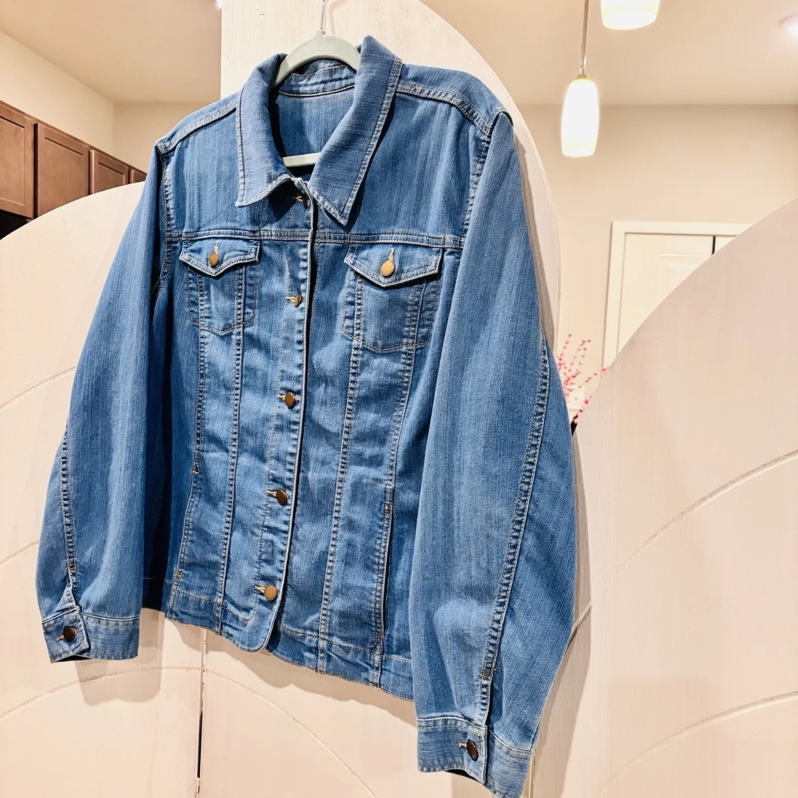 Blue Denim Jacket Button Front Chest Pockets Lightweight Classic Cotton Blend Size 1X - Image 5