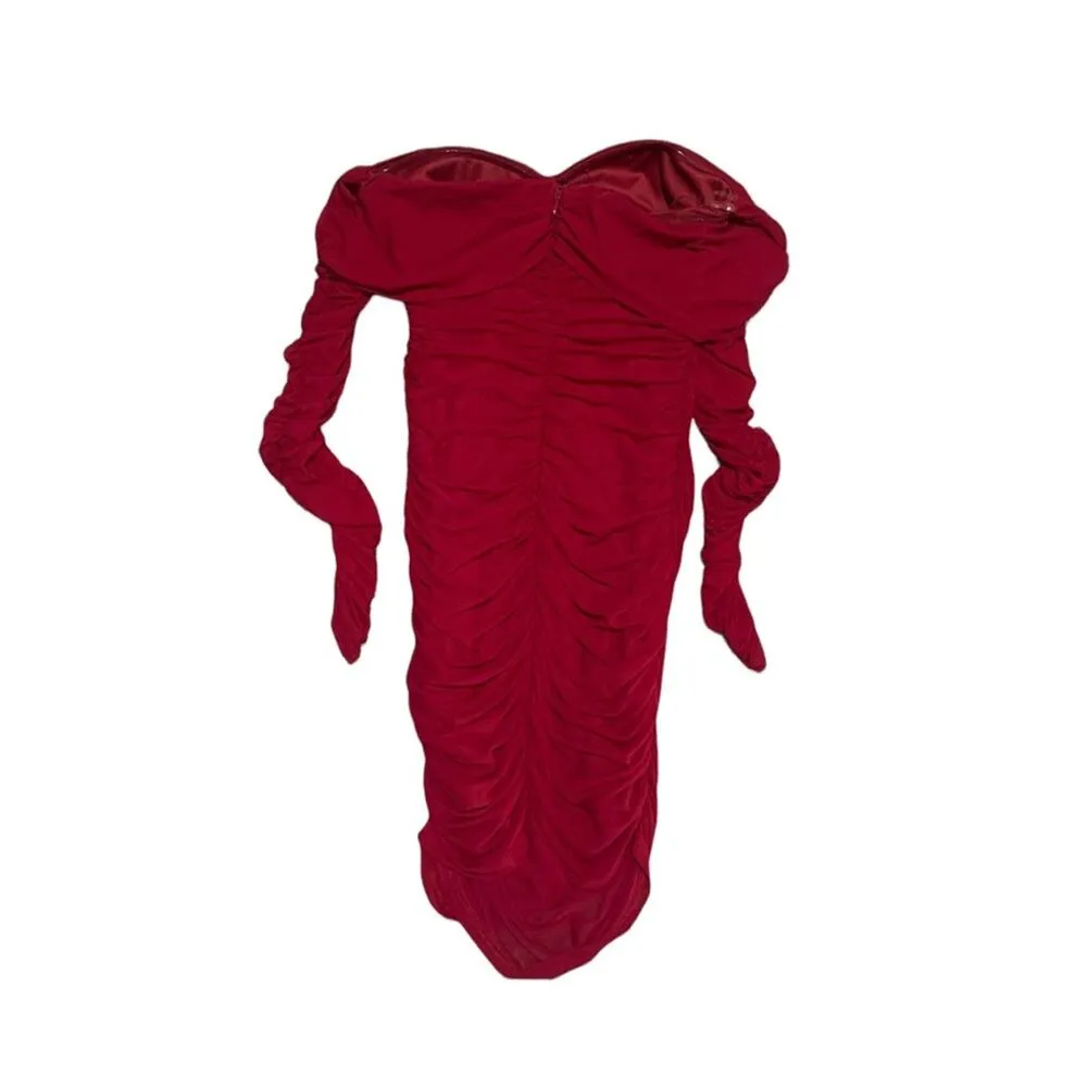 Akira red ruched sexy mini dress long sheer sleeves off shoulder womans large u - Image 2