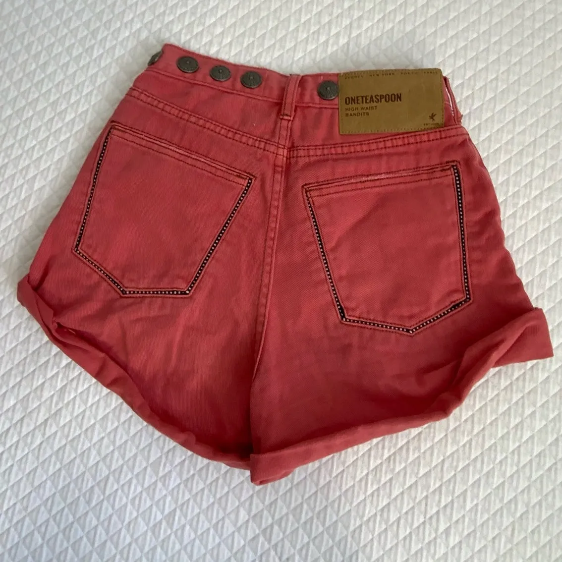 ONETEASPOON WOMENS CORAL STUDDED HIGH WAIST DENIM SHORT -‎ CORAL - Image 7