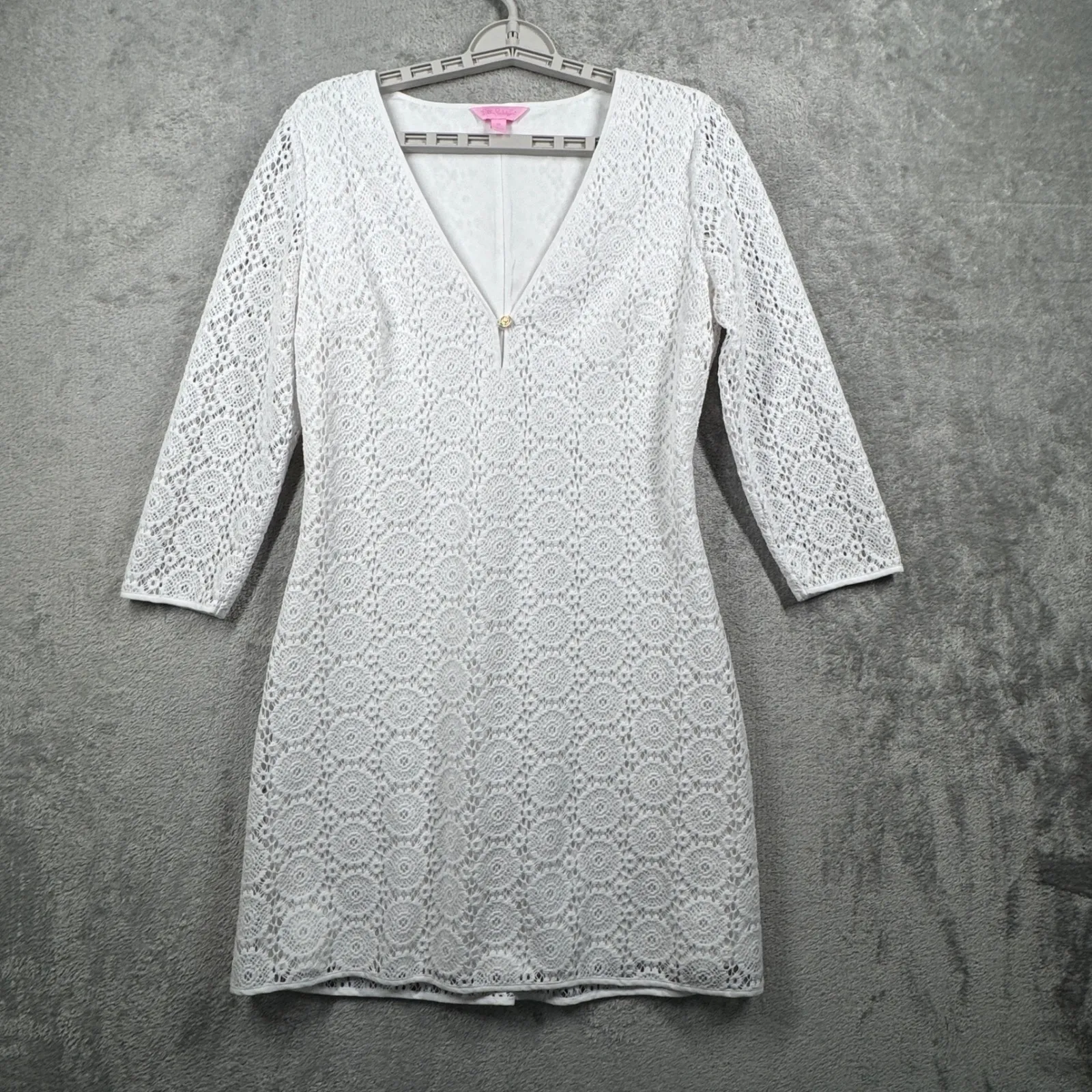 Lilly Pulitzer Dress M Lamora Resort‎ White Crochet Lace 3/4 Sleeve V-Neck Tunic - Image 2