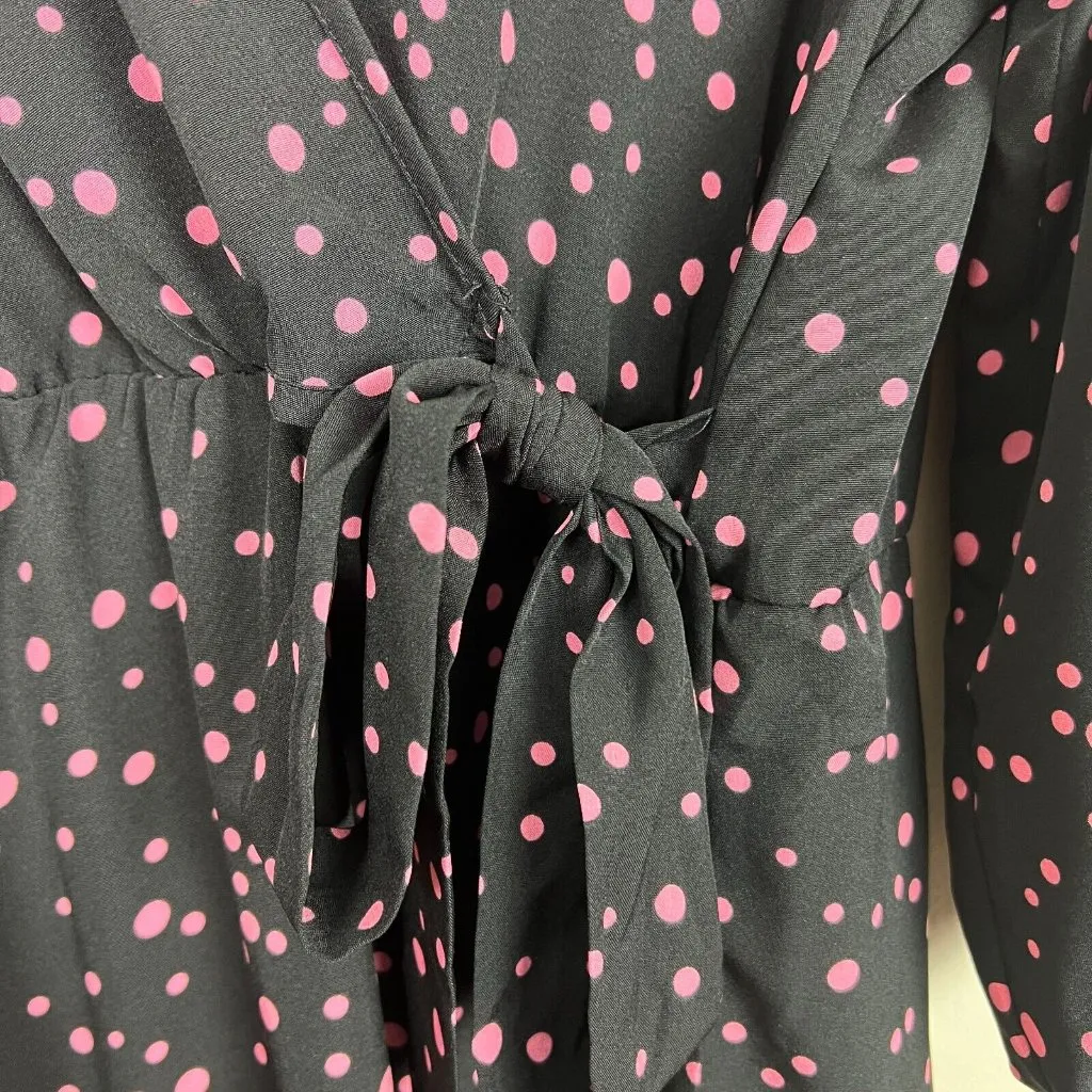Suzanne Betro Midi Dress 1X Black Pink Polka Dot 3/4 Balloon Sleeve Pockets Plus - Image 5