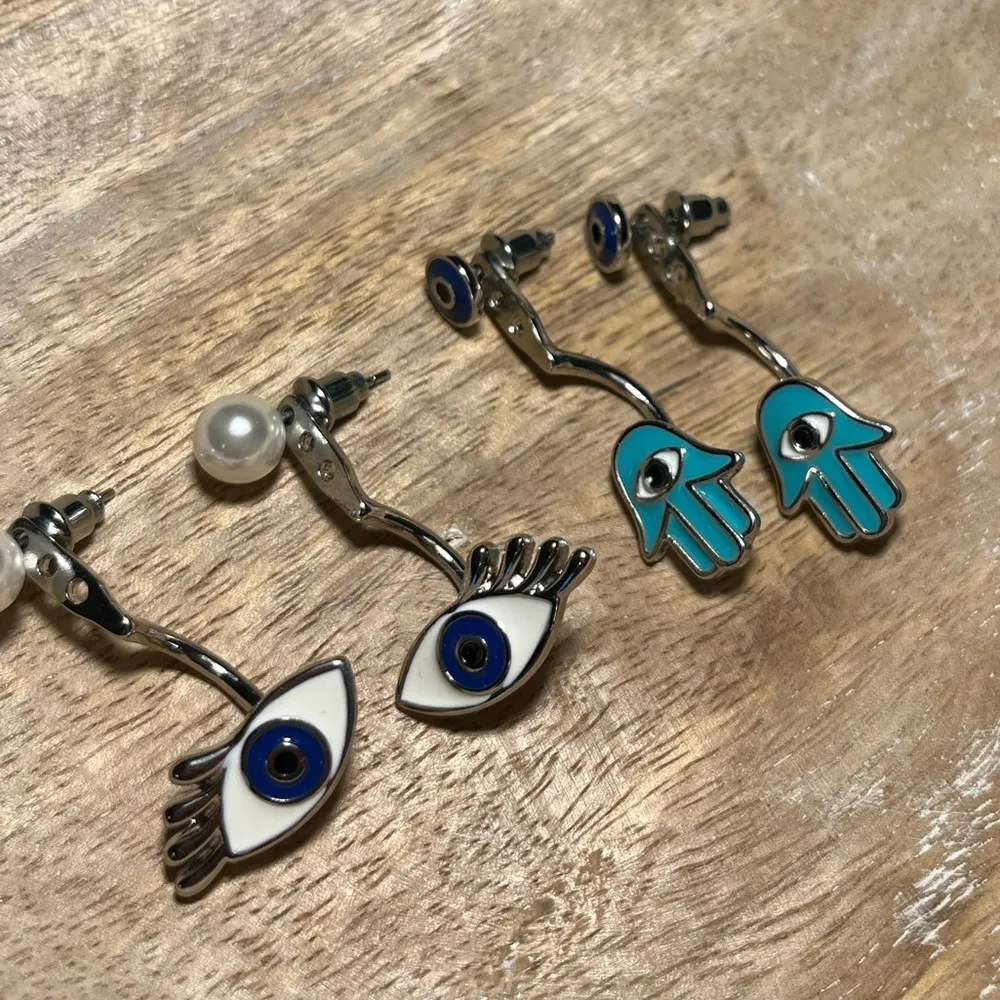 Hamsa & Evil Eye Silver Tone Jacket Earrings - Image 4