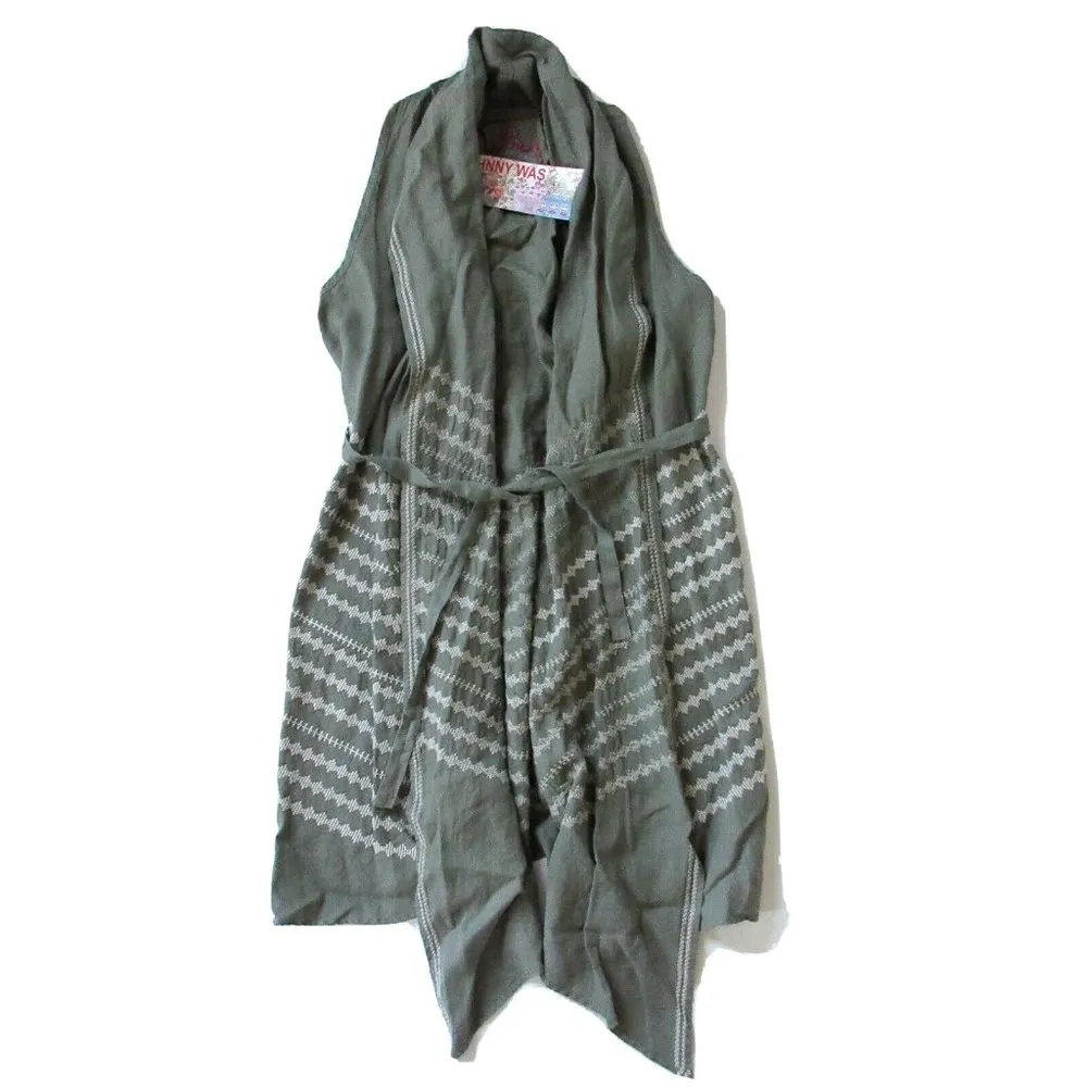 NWT JWLA Johnny Was LA Petra in Army Green Embroidered Belted Drape Linen Vest S - Image 2