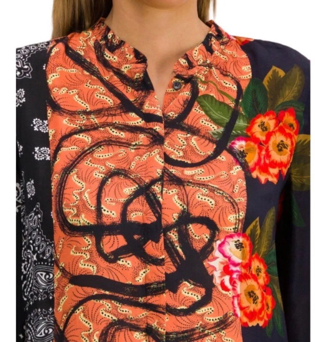 Cam Jenica Abstract Floral Paisley Ethnic Ruffle Neck Blouse Top Large - Image 3