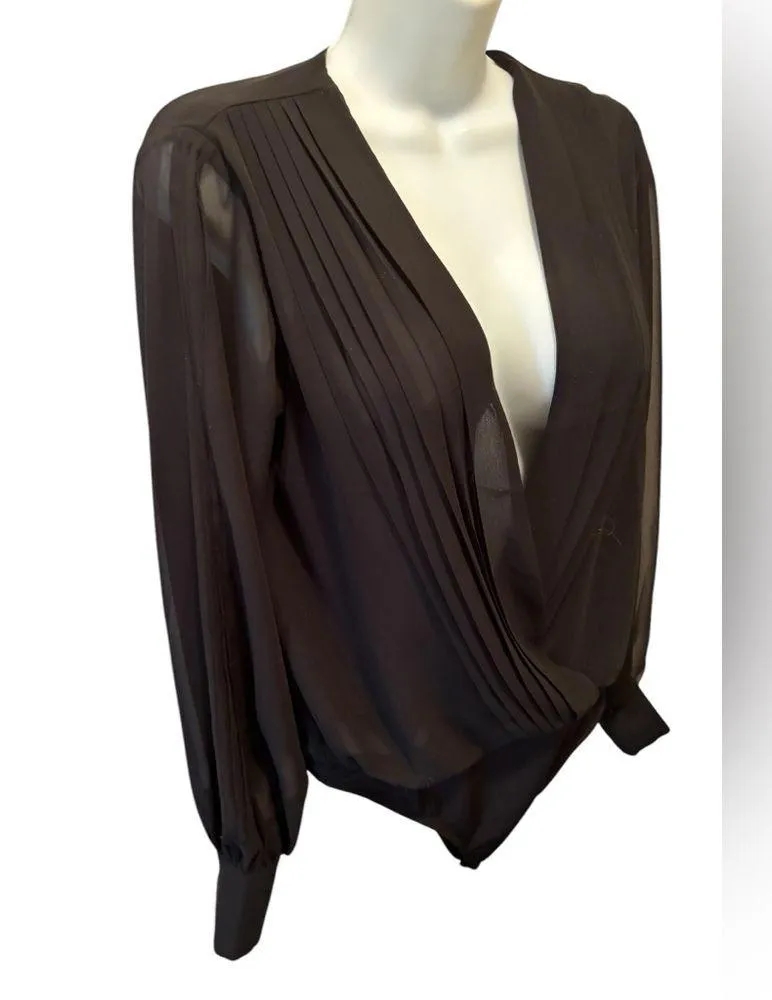 Plunging Chiffon Draped Black Bodysuit S Sheer Ballon Sleeve Sexy - Image 2