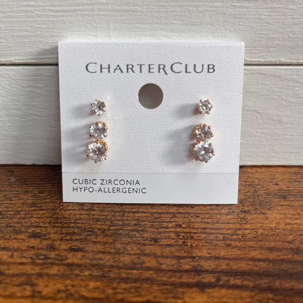 Charter Club Set Of 3 Gold Tone/Cubic Zirconia Stud Earrings - Image 8