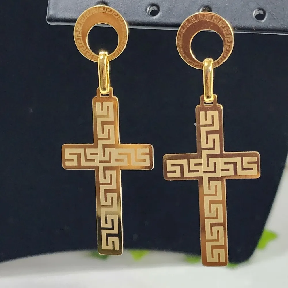 Gold Stainless Steel Cross Earrings with Greek Key Design - Image 2