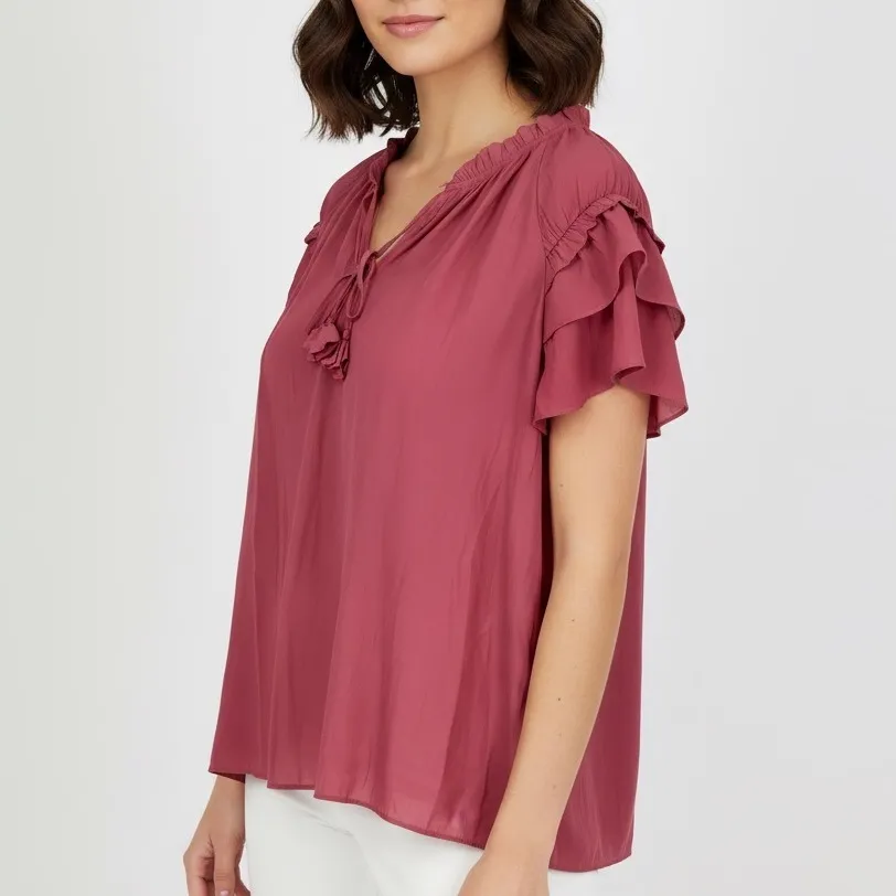 Rose Olive XL Pink Ruffle Sleeve Tie Neck Blouse Top Shirt Womens Size undefined - Image 3