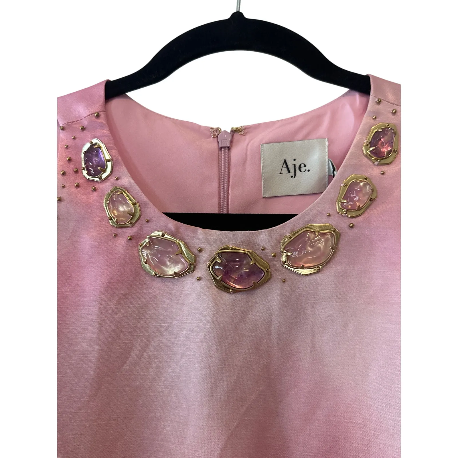 Aje NWT Twilight Mini Dress Blush Ink Pink Linen Beaded Neckline Size 8 - Image 6