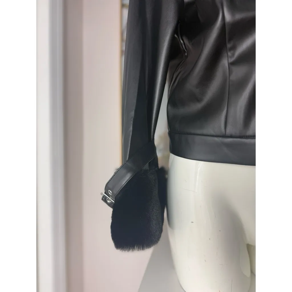 Savage Love Black Faux Leather Jacket Faux Fur Shawl Collar Zip Up XL - Image 9