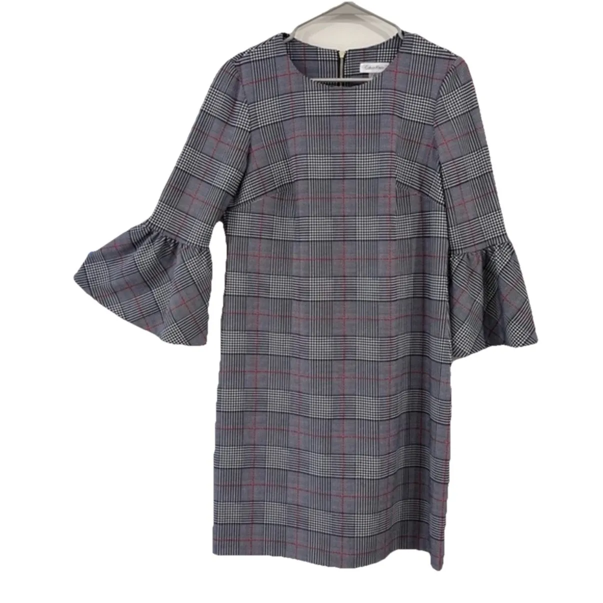 Calvin Klein Black White Houndstooth Plaid Bell Sleeve Crepe Sheath Dress Size 8 - Image 3