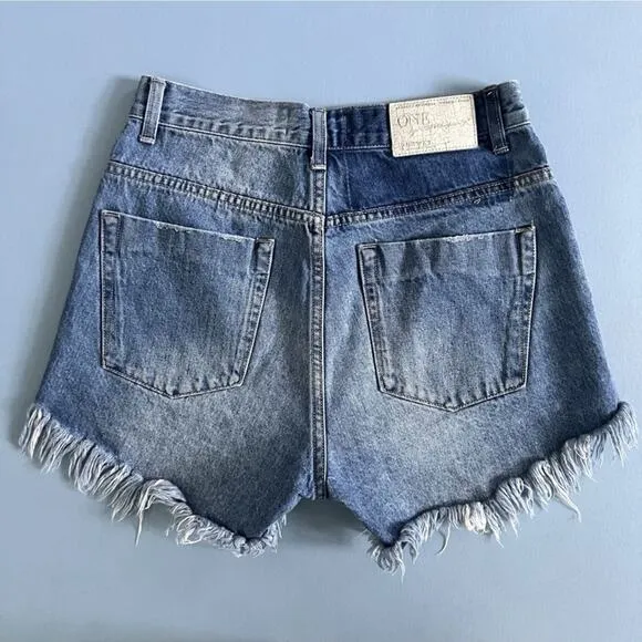 One Teaspoon Hawks High‎ Waist Raw Hem Distressed Denim Jean Shorts - Image 2