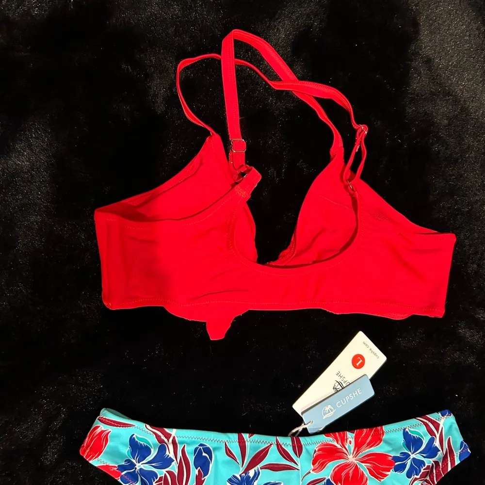 CUPSHE Women’s Red Bikini Top Floral High Waist Bottom Swimwear NWT Size L Beach - Image 12