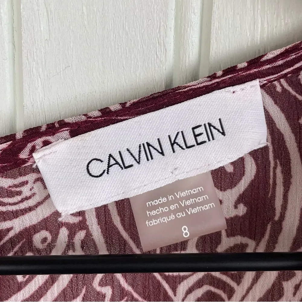 Calvin Klein Maroon Paisley High Low Hem Ruffle Chiffon Dress Women's Size 8 - Image 7