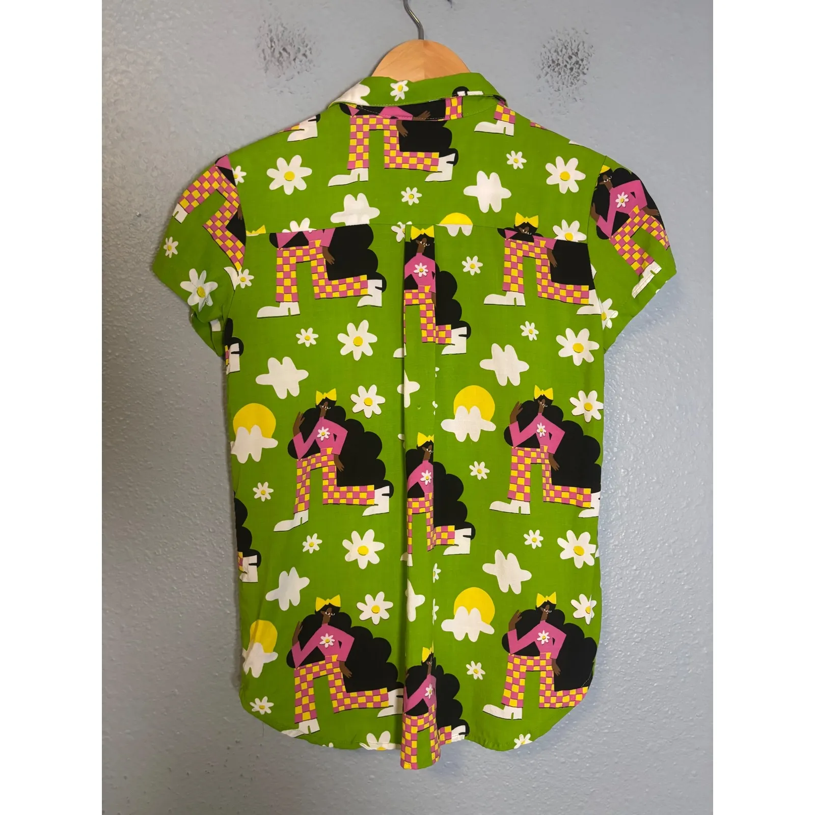 Nooworks Short Sleeve Button Up Shirt Checkered Ladies Lime Green Size XS - Image 4