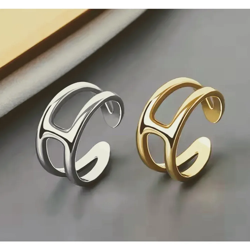 NEW Unisex H-Bar Ring, Gold‎ Plated S925 Band, Adjustable 10.5mm - Image 4