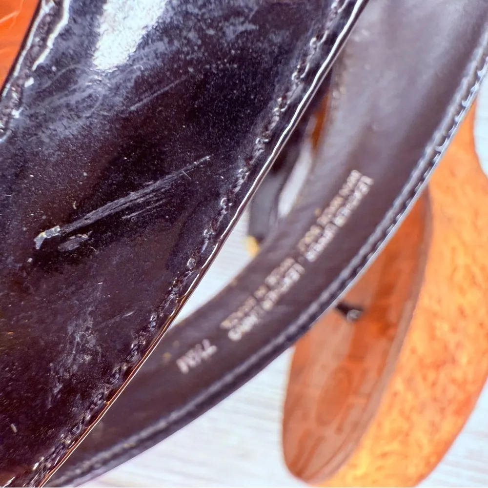 Tory Burch Thora Women’s Size 7.6 Black Patent Leather cork Wedge Sandals shoes - Image 10