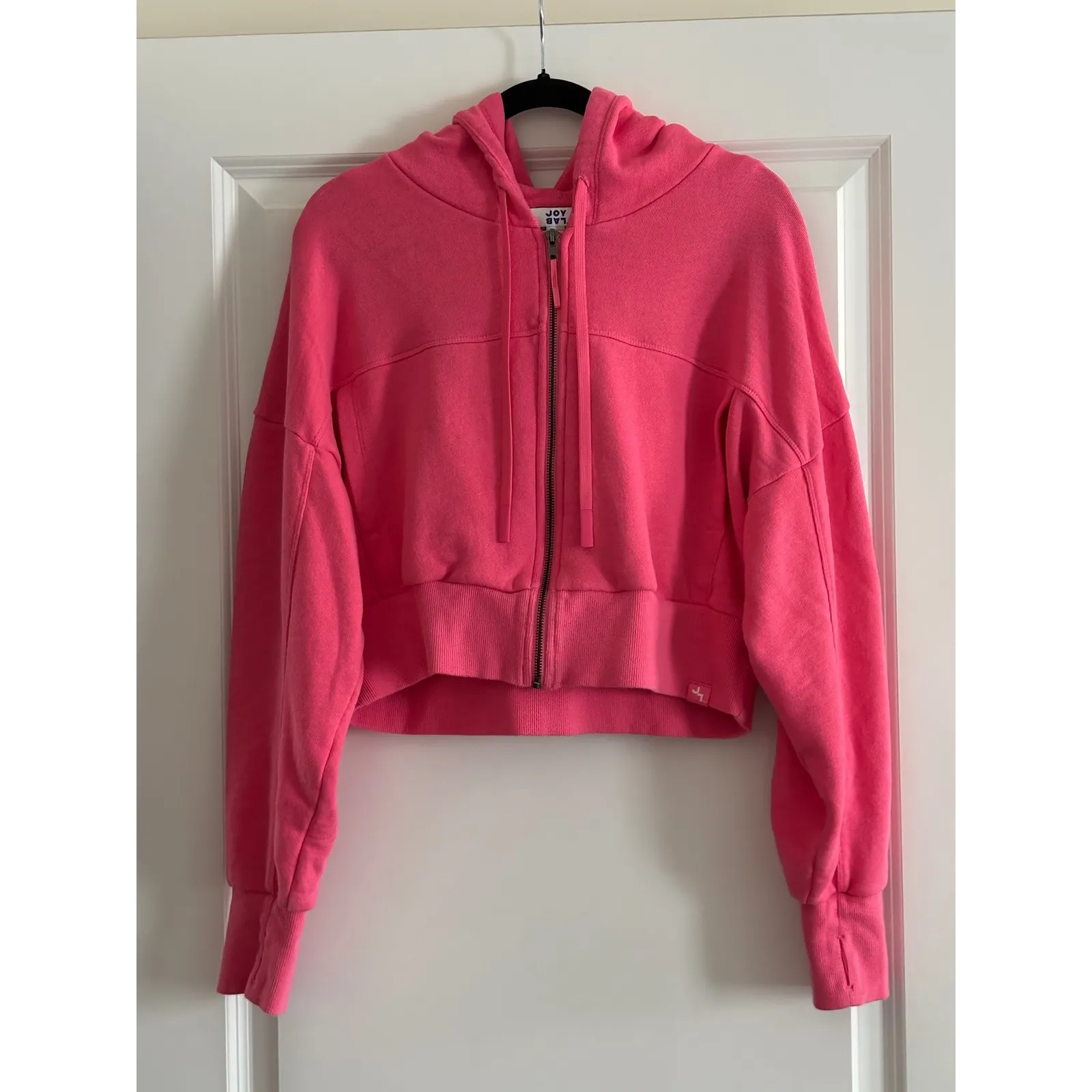 JOYLAB Cropped Full Zip Hoodie Pink Sweatshirt Thumbholes Women's Size L - Image 2