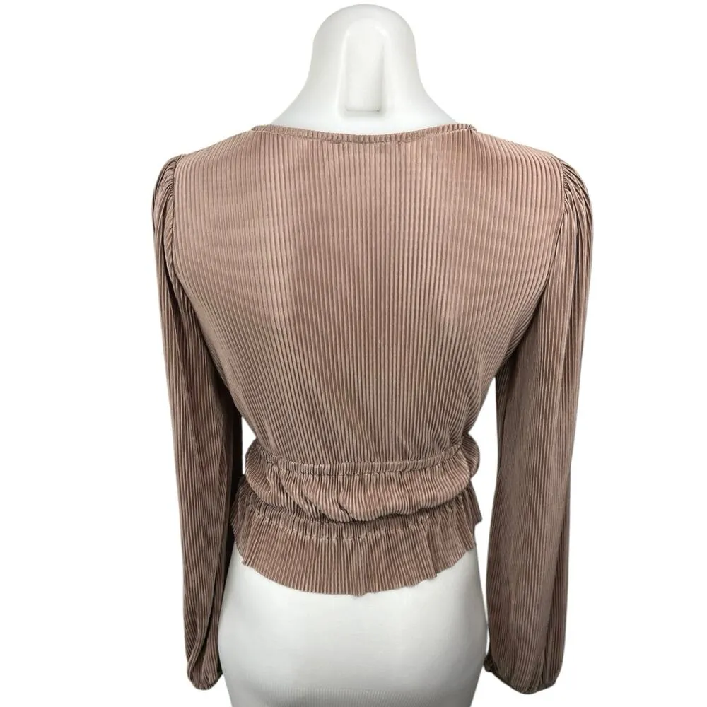 Zara Brown Metallic Pleated V-Neck Long Sleeve Cinched Tie Peplum Blouse Top S - Image 2