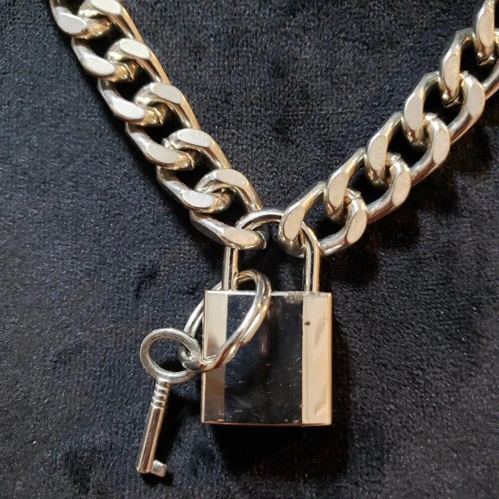 Womens Fashion Silver Tone Lock & Key Choker Necklace Jewelry with Cuban Chain - Image 3