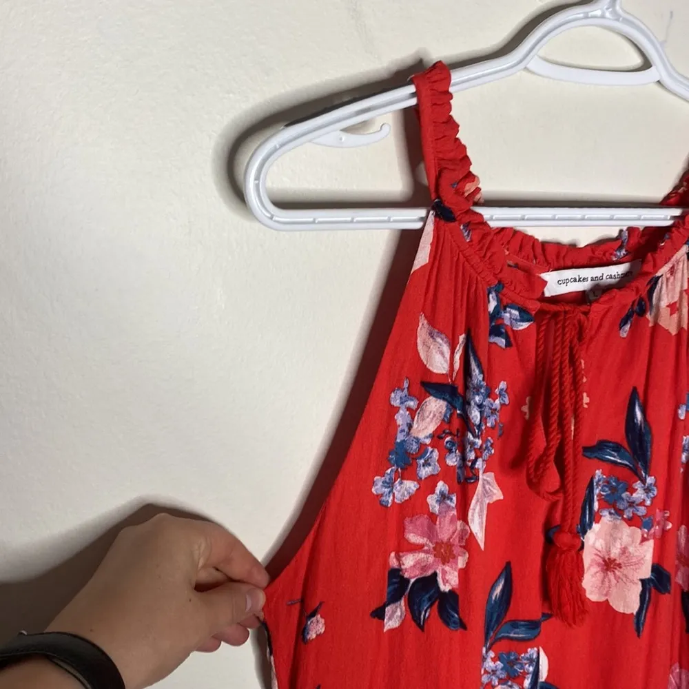 Cupcake and Cashmere crepe coral red floral ruffled tassel tie sun dress size L - Image 74