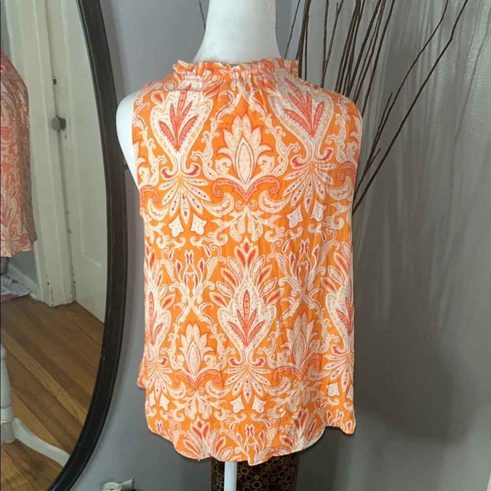 LOFT Orange and White Sleeveless Ruffled Tie Front Blouse - Image 7