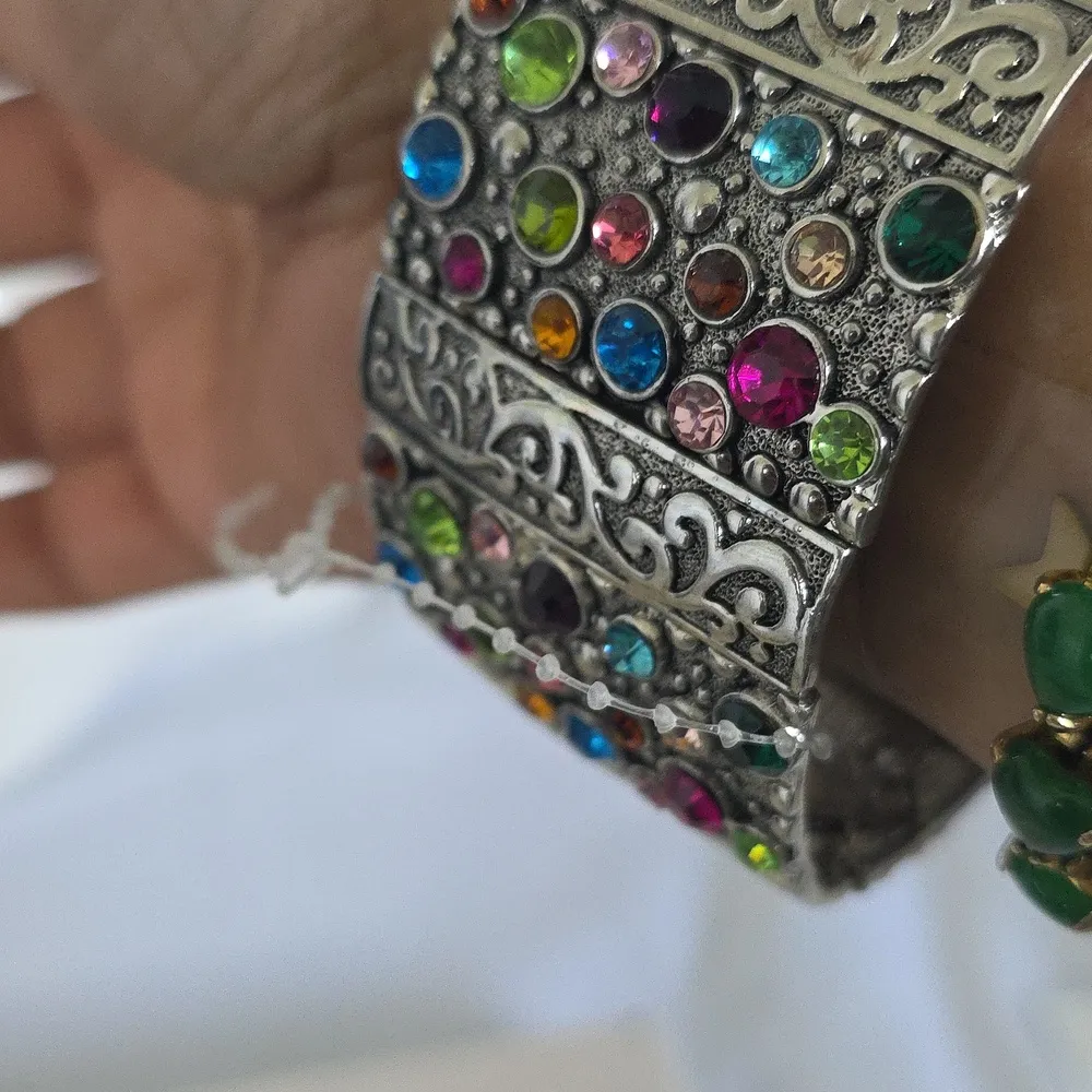 Vintage Wide Silver Multi Color CZ Statement Bracelet - Image 5