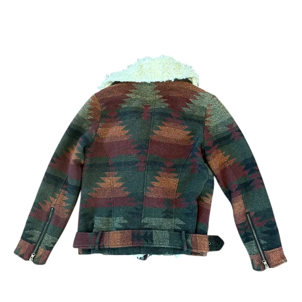Free People Wool Blend Moto Jacket – Southwestern Aztec Print Sherpa Size Medium - Image 5