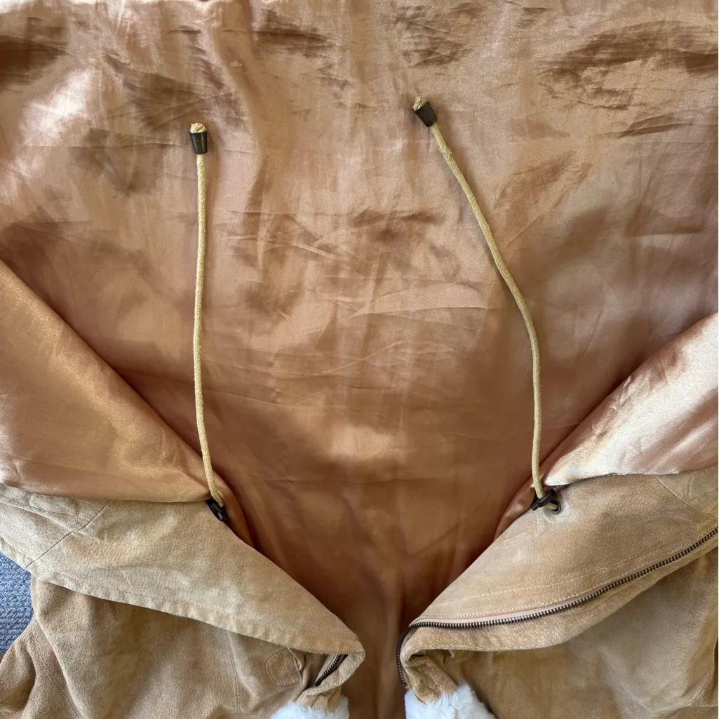 Vintage Wilson’s Tan Suede Leather Anorak Drawstring Jacket Faux Fur Hood Large - Image 8