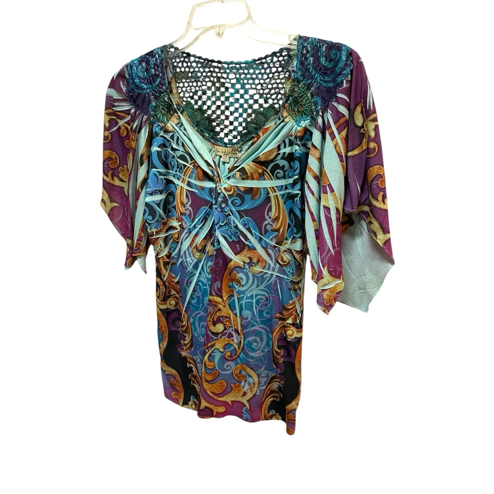 Live & Let Live PXL Boho Tunic Top Crochet Lace Y2K Purple Teal - Image 2