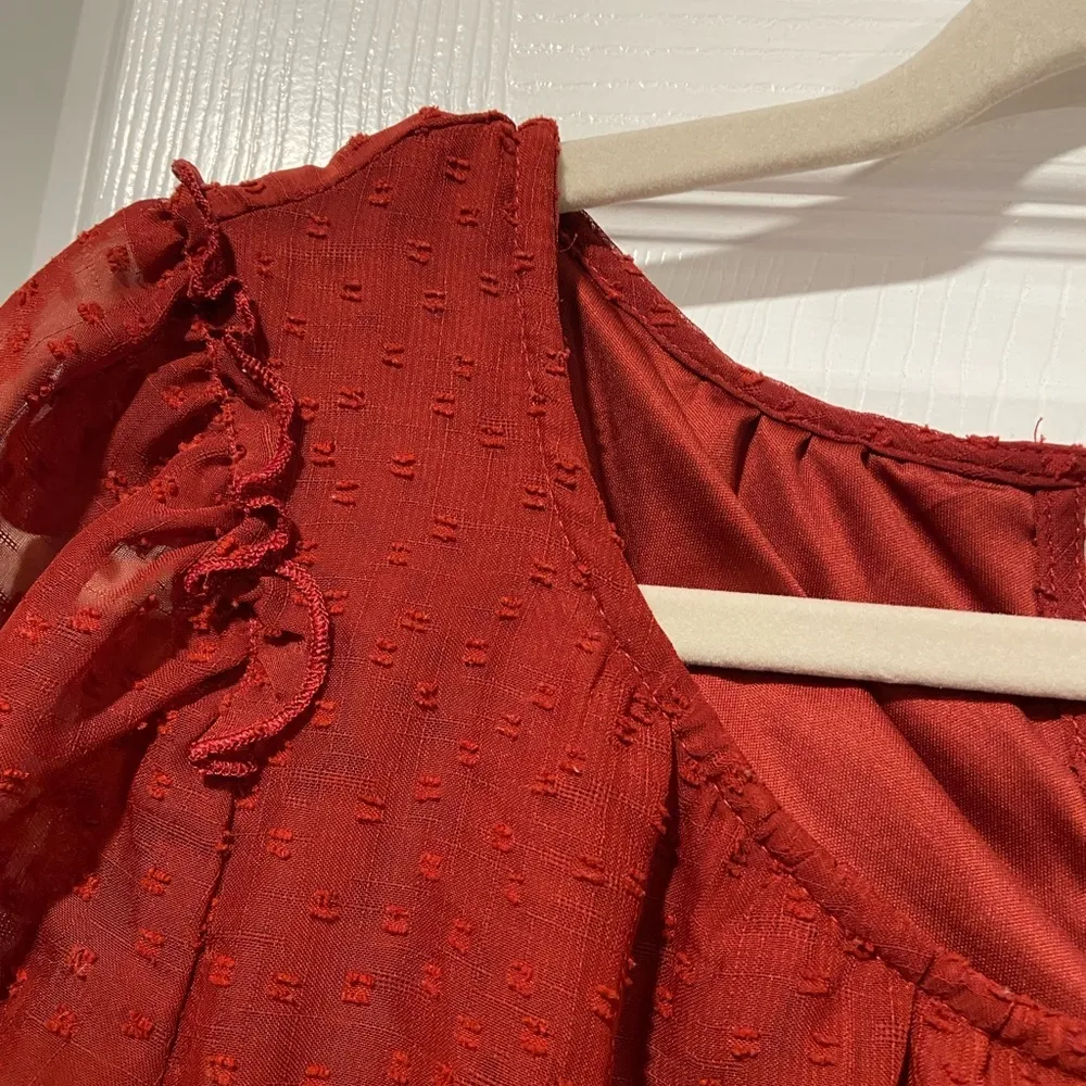 LC Lauren Conrad Size S Brick Red Lined Short Sleeve Textured Tie Back Blouse - Image 8