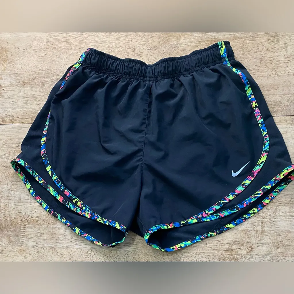 Nike Dri Fit Tempo Women’s Sz M Black/Neon Splatter Print Trim Athletic Shorts - Image 3