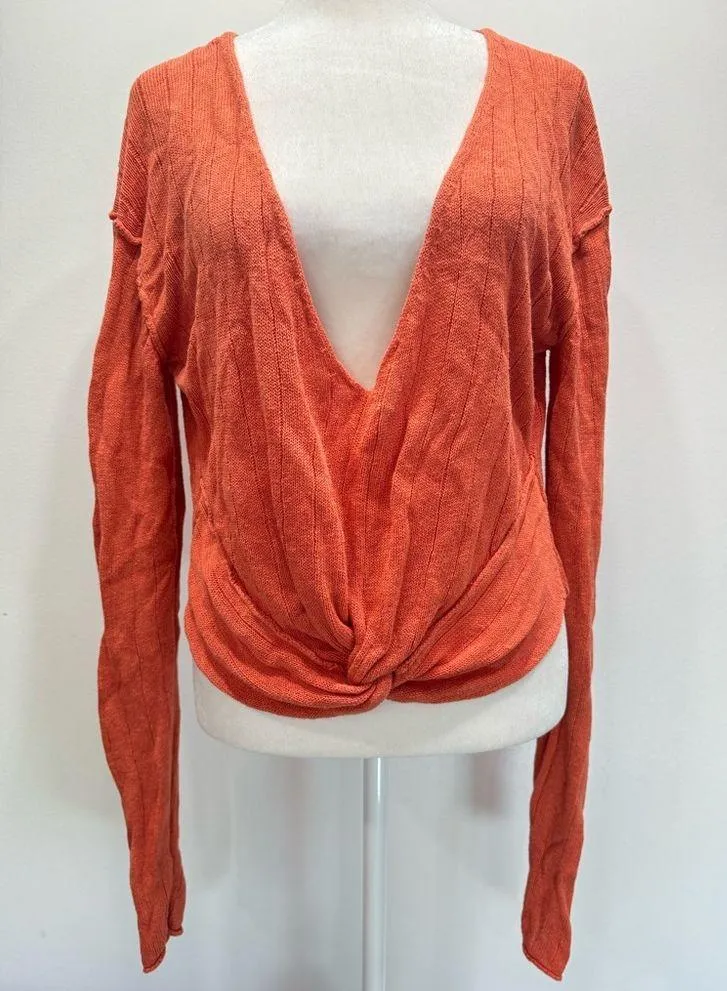 Free People Anthropologie Got Me Twisted Orange Knotted Front Cropped Sweater M - Image 3
