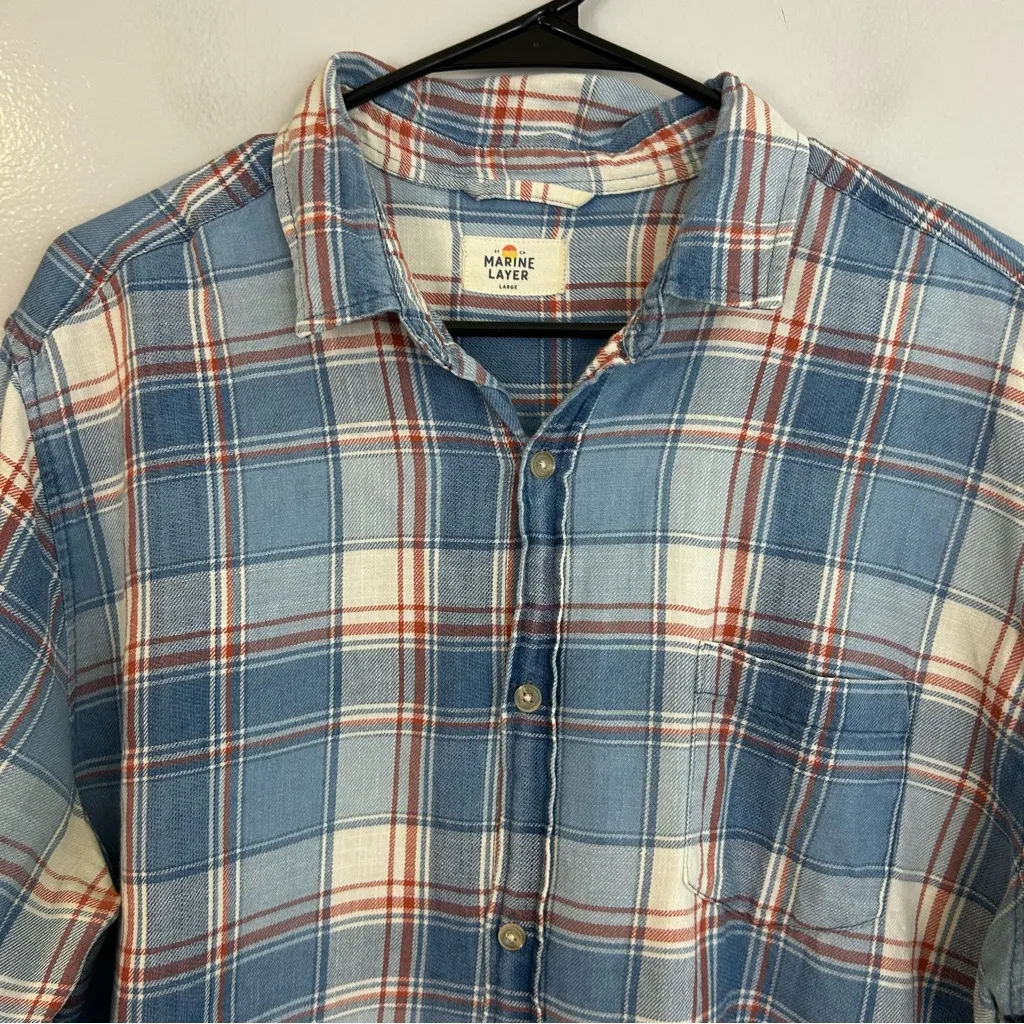 Marine Layer Margiold Blue Plaid Button Down Shirt Size Large - Image 6