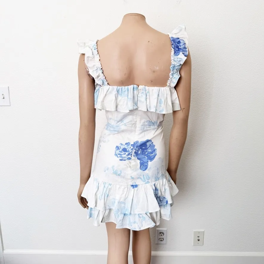 [SABO] White Peony Blue Floral Print Ruffle Mini Dress NWT Fit & Flare Sz Large - Image 4