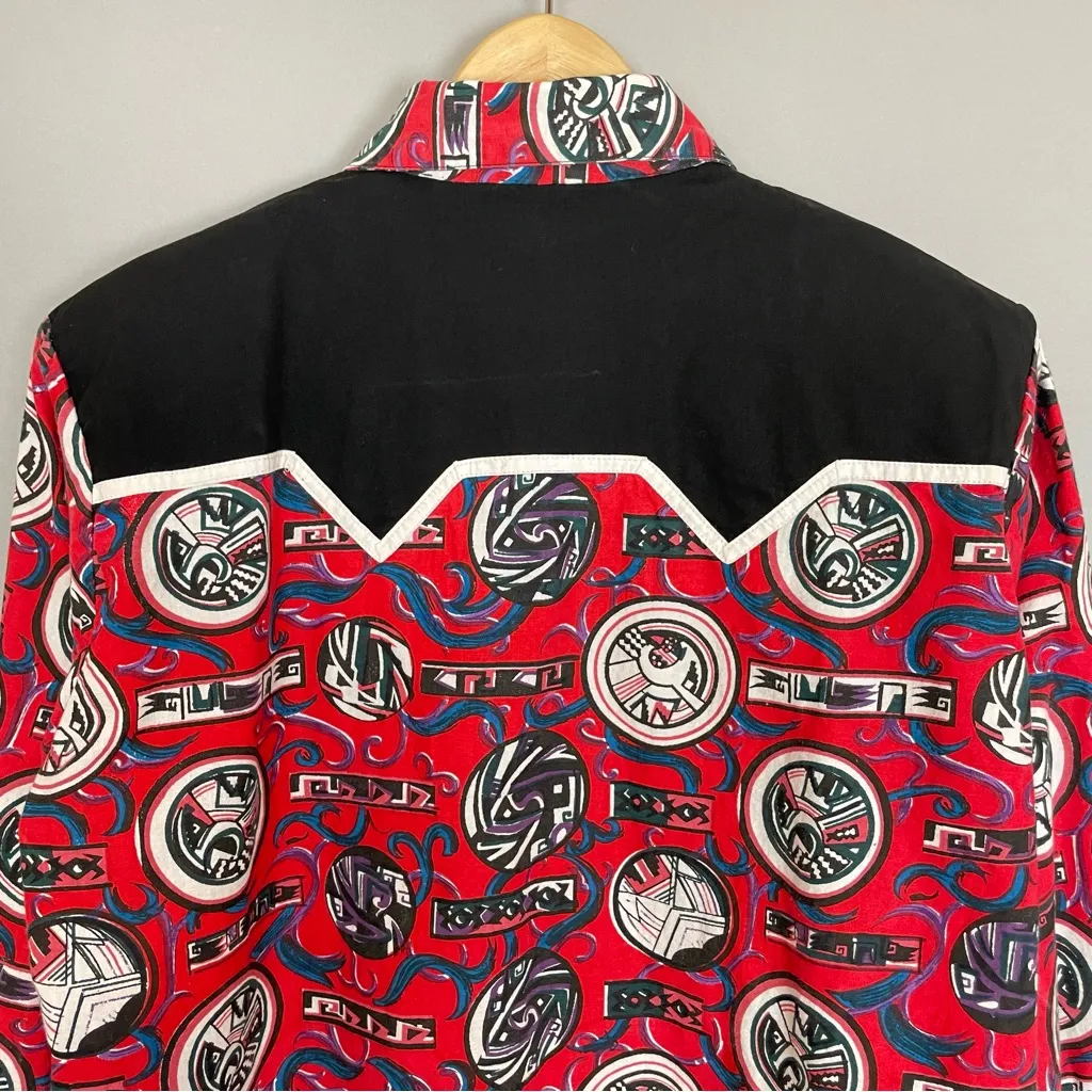 Vintage Western Shirt Women Southwestern Print Red Black Medium Cowgirl‎ 1990s - Image 6