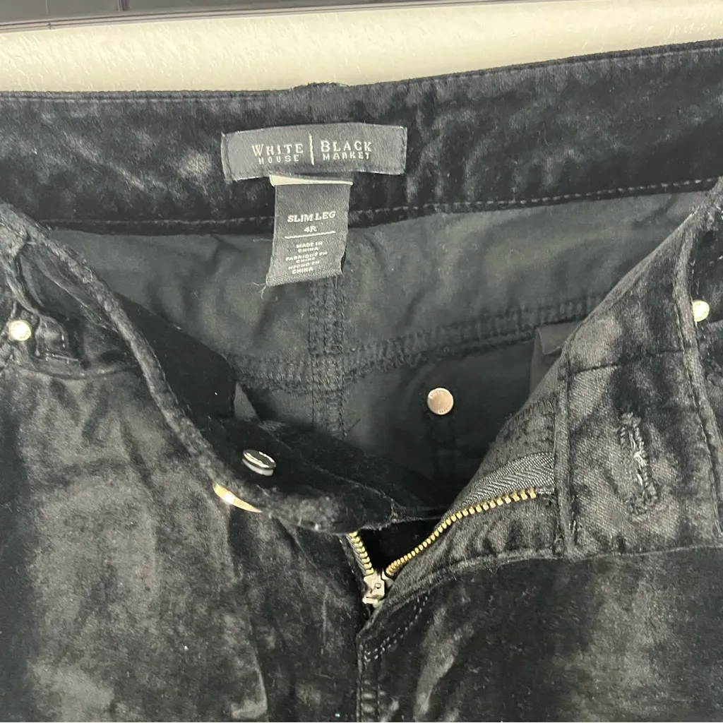 WHITE HOUSE BLACK MARKET Black Velvet Velour Slim Leg Pants, Size 4 - Image 5