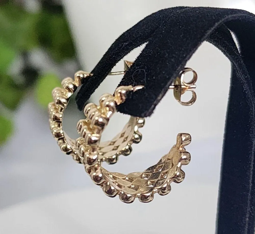 Gold 3 Row Bead Ball C Shape Hoop Earrings - Image 3