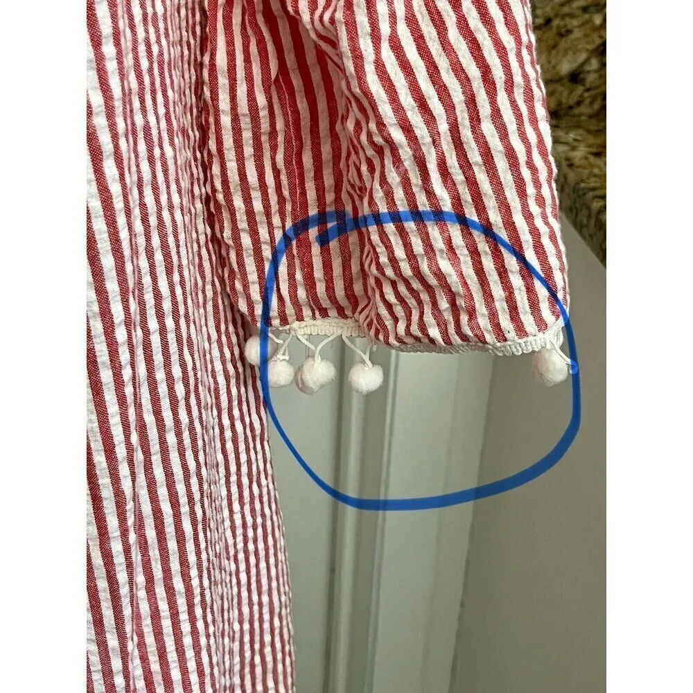 Gianni Bini Seersucker Striped Off Shoulder Tassel Peasant Mini Dress M Coastal White Size M - Image 10