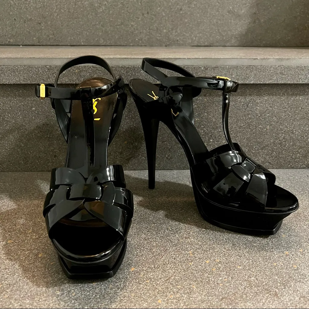 SAINT LAURENT Tribute Patent Leather Platform Sandals 105mm, Black, Sz 41/11, NEW - Image 5