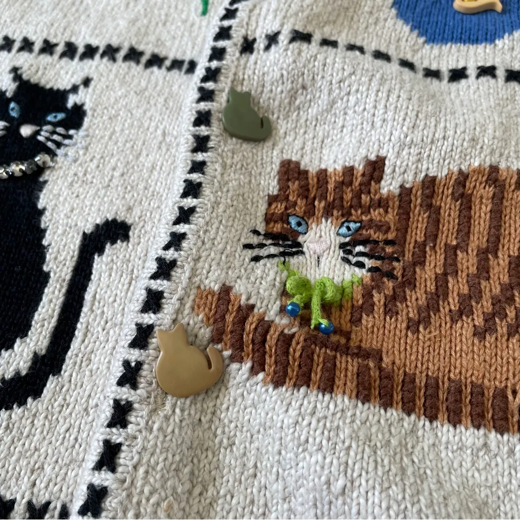 Marisa Christina Sweater Short Sleeve Knitted Button Up Cats Lovers Women's Black Size M - Image 4