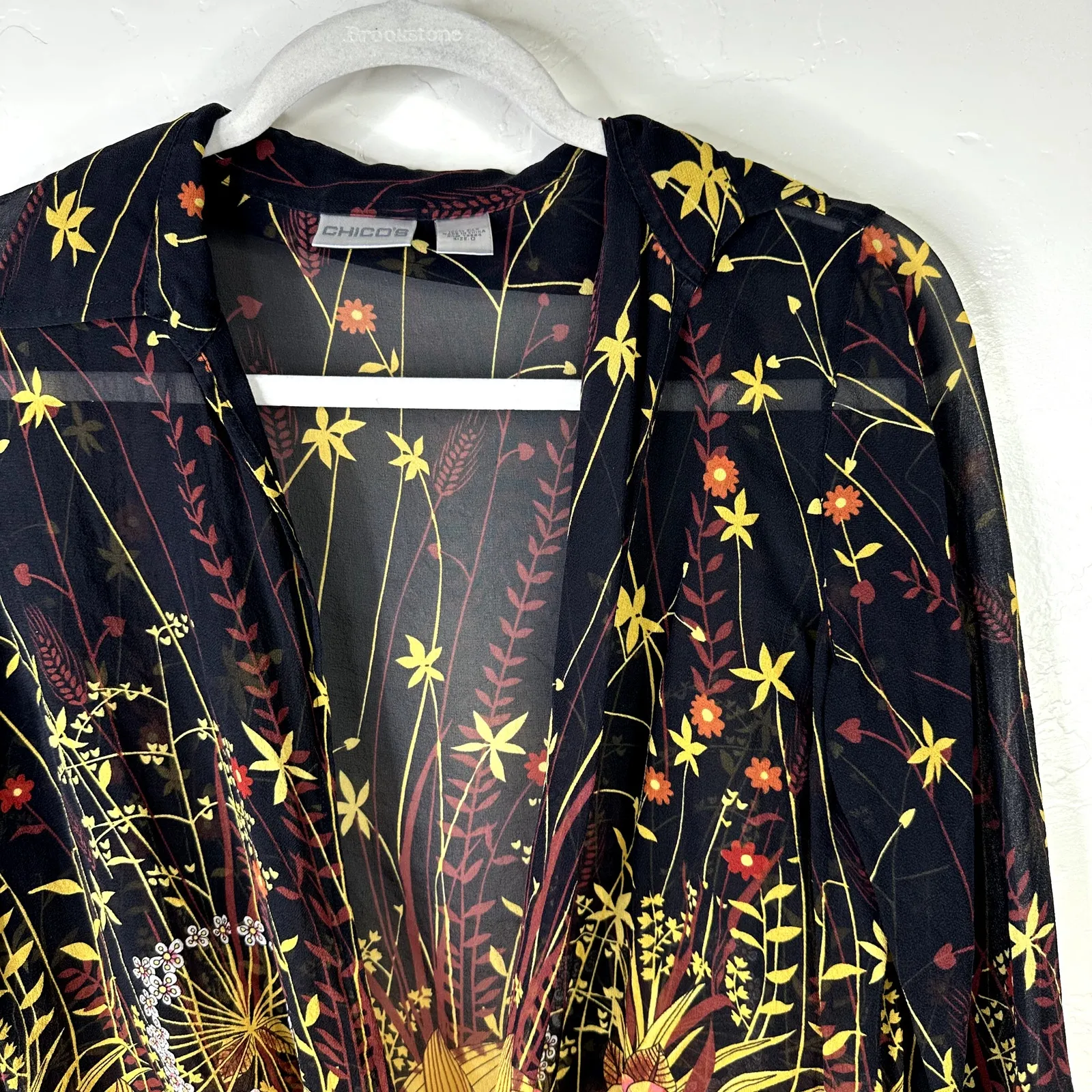 Chico's Vibrant Floral 100% Silk Sheer Tie Front Long Sleeve Blouse Size 0 - Image 4