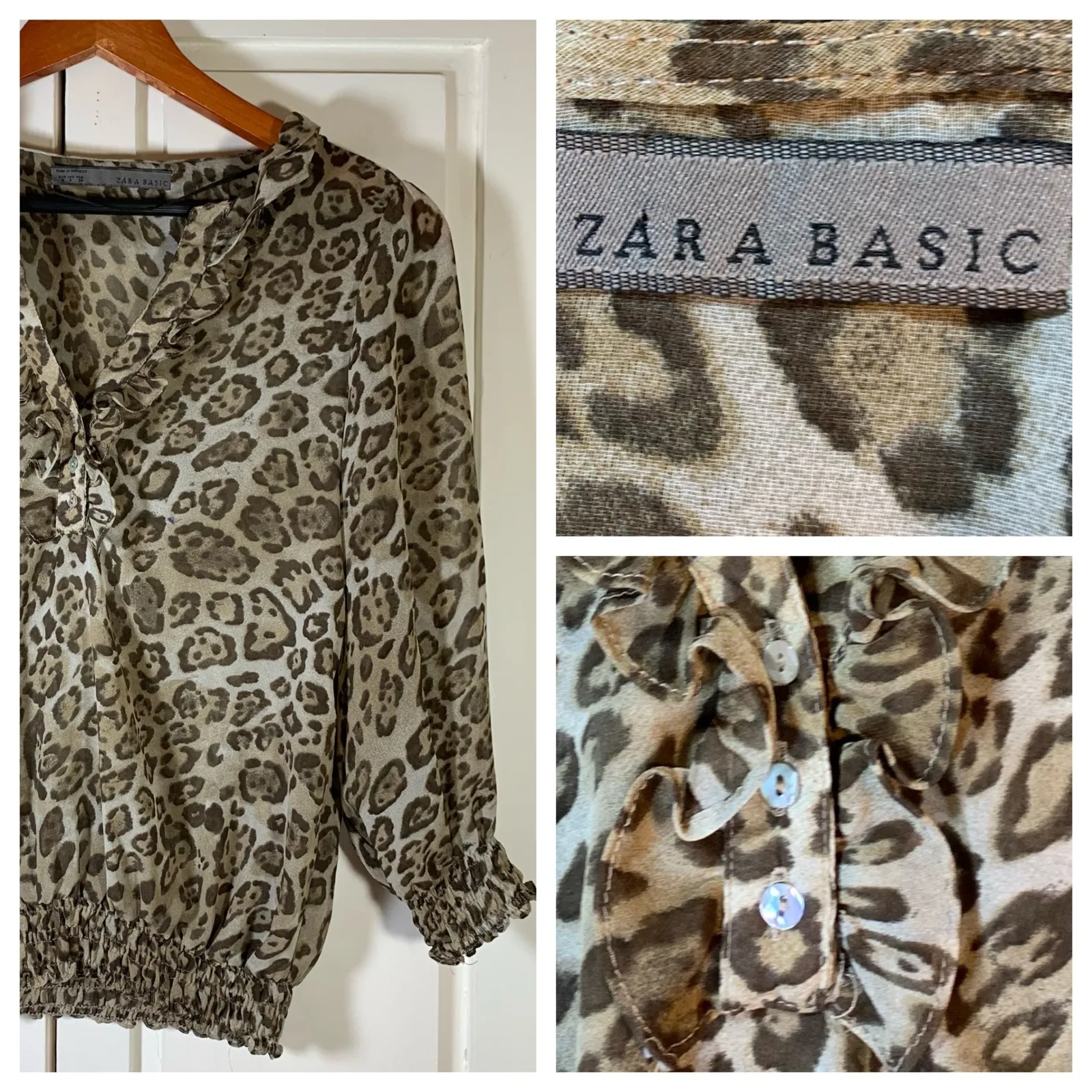 Zara Basic Leopard Print Ruffle Blouse Smocked Hem Long Sleeve Top‎ Small Sheer Tan - Image 2