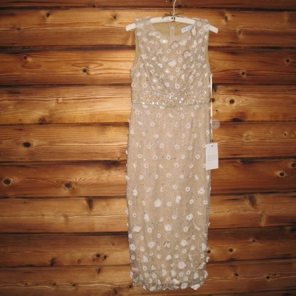 Mac Duggal 67853 Womens Neutral Floral Applique Sleeveless Midi Dress - Image 6