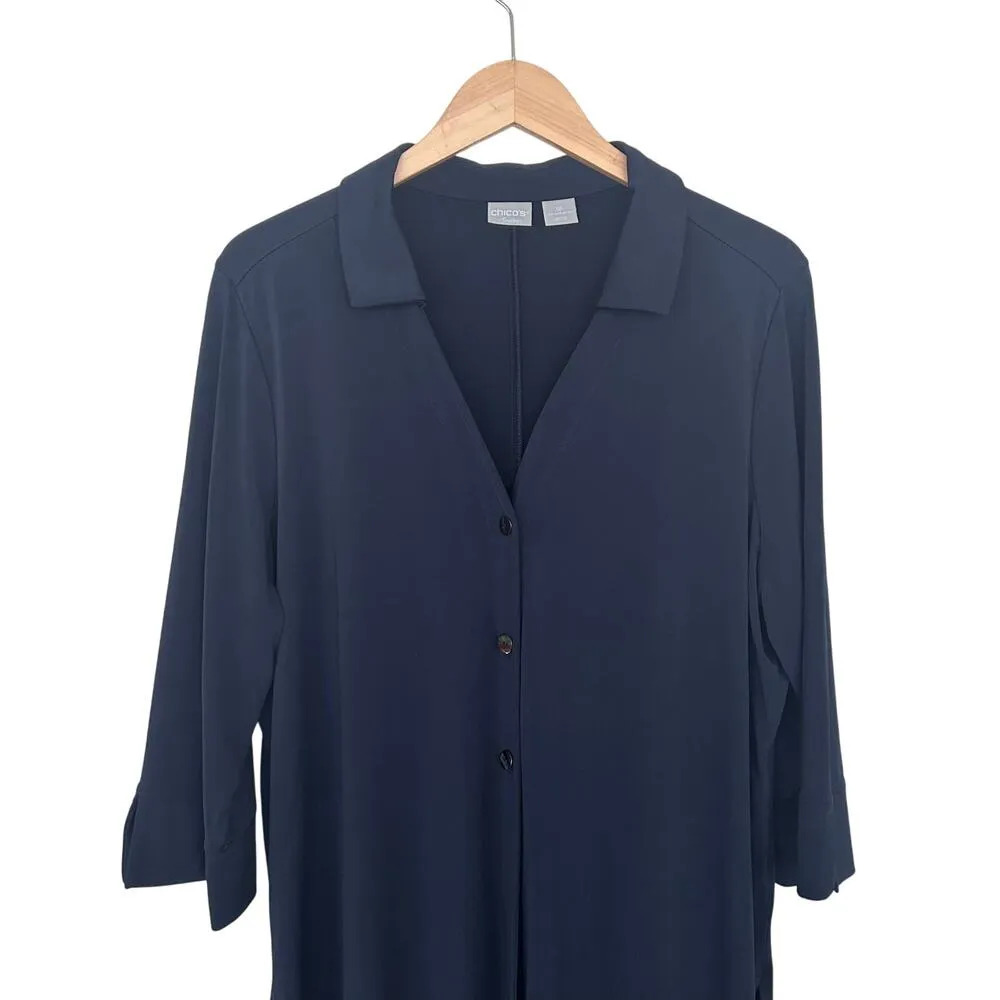 Chicos Navy Blue Button Front Long Line Shirt Cardigan Sz 16P - Image 2