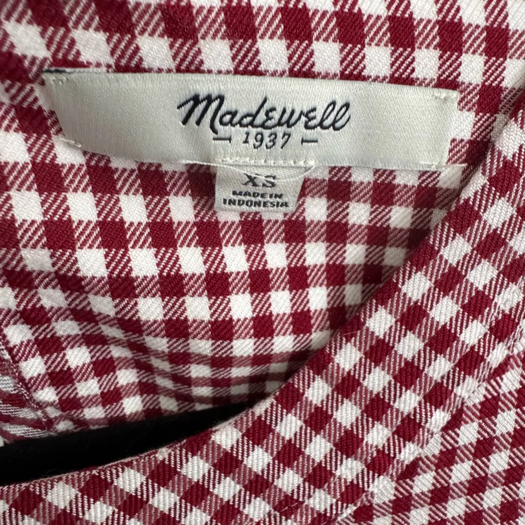 Madewell Gingham Maroon Red Checked Short Sleeve Dress with Pockets XS Viscose - Image 7