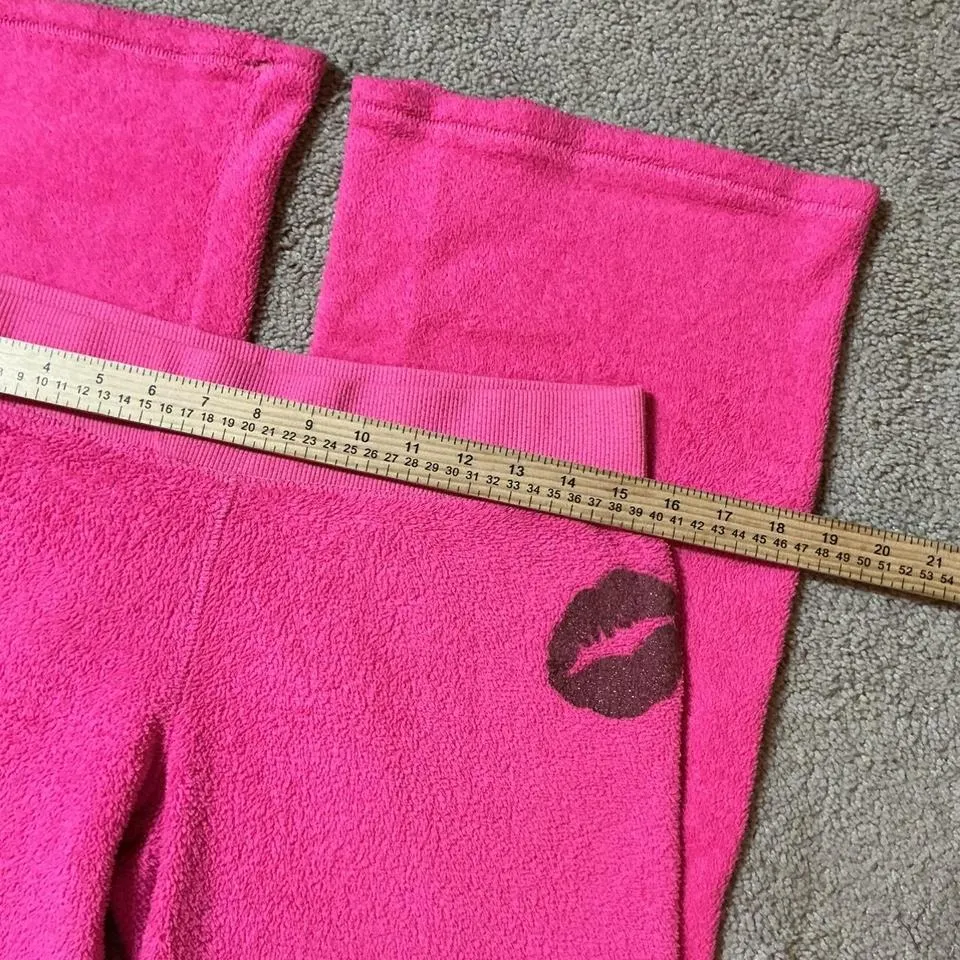 Y2K Pink Terry Cloth Kiss Embellished Fleece Flare Pants Size Medium - Image 2